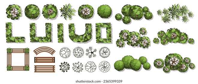 Árboles y bancos para los planos arquitectónicos. Diseño de Entourage. Varios árboles, arbustos y arbustos, dan a la planta de diseño del paisaje. Ilustración vectorial.