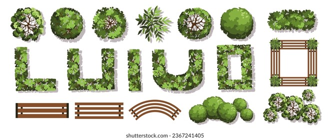 Trees and benches for architectural floor plans. Entourage design. Various trees, bushes, and shrubs, top view for the landscape design plan. Vector illustration.