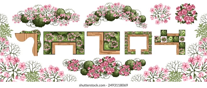 Trees and benches for architectural floor plans. Entourage design. Elements for the landscape design plan. Various floral trees, bushes, and shrubs. Vector illustration.