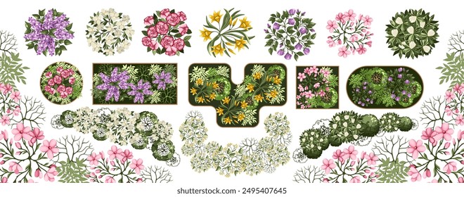Trees and benches for architectural floor plans. Entourage design. Elements for the landscape design plan. Various floral trees, bushes, and shrubs. Vector illustration.