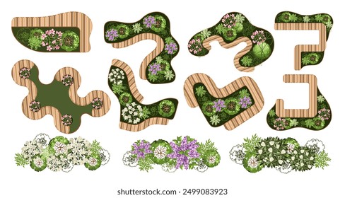 Árboles y bancos para Planes de pisos arquitectónicos. Diseño de séquito. Elementos para el Plan de diseño paisajístico. Varios árboles florales, arbustos y arbustos. Ilustración vectorial.
