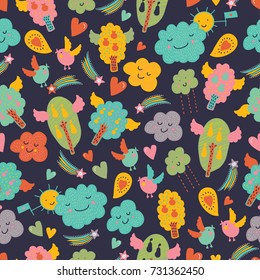 The trees, the birds and clouds. Bright seamless pattern.
