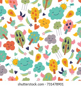 The trees, the birds and clouds. Bright seamless pattern.