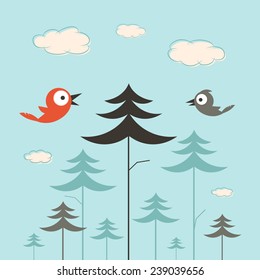 Trees, Birds and Clouds Retro Flat Design Illustration