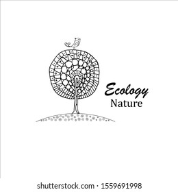 Trees and birds in doodle style. Black and white abstract ornamental graphic magic tree with a lot of details. Beautiful art page for adult coloring book. Vector illustration. 