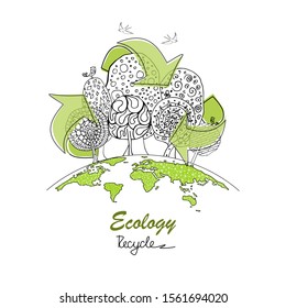 Trees and birds in doodle style. Black and white abstract ornamental graphic magic tree with a lot of details. Beautiful art page for adult coloring book. Recycle sign. Vector illustration.  