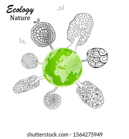Trees and birds in doodle style. Black and white abstract ornamental graphic magic tree with a lot of details. Beautiful art page for adult coloring book. Recycle sign. Vector illustration.  