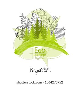 Trees and birds in doodle style. Black and white abstract ornamental graphic magic tree with a lot of details. Beautiful art page for adult coloring book. Recycle sign. Vector illustration.  
