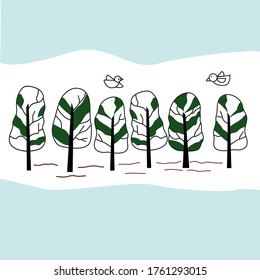 Trees and birds in the forest,simple line hand drawn vector.
