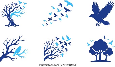 Trees and birds graphics, flying flock, solitary bird, group of birds, nature icons, freedom symbols.