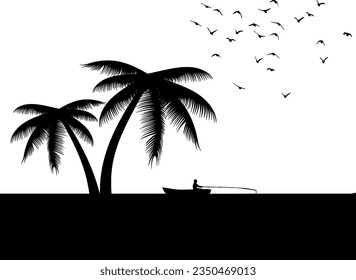 Trees, birds, nature, creative, illustrations, beach, boat, coconut trees