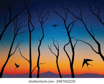 Trees and birds silhouettes. Night landscape under red blue starry sky