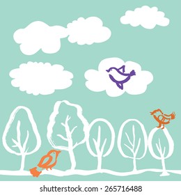 Trees and birds. There is seamless pattern.