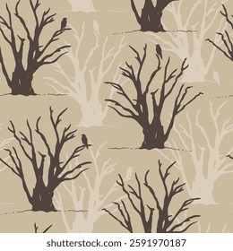 Trees and birds vector seamless illustration, hand drawn background