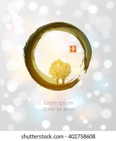 Trees in black enso zen circle on white glowing background. Traditional Japanese ink painting sumi-e. Contains hieroglyph - happiness.
