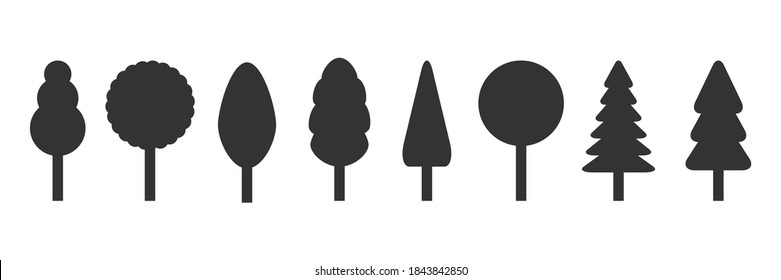 Juego de iconos negros de árboles. Árbol en ilustración vectorial de estilo plano. Silhouette de plantas forestales. Aislado en blanco.