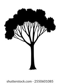 Silueta negra de los árboles, paisaje salvaje natural. Ilustración digital refinada que captura la esencia del árbol en una llamativa silueta negra. Vector en primer plano del bosque