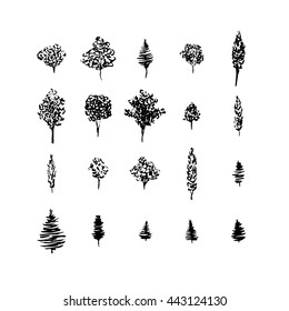 Trees black silhouettes, set isolated on white. Hand drawn ink style. Christmas tree, fruit tree