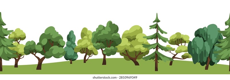 Trees border, seamless pattern design. Endless horizontal panorama, summer nature landscape, woods. Woodland, grass, green forest decoration. Flat vector illustration isolated on white background.