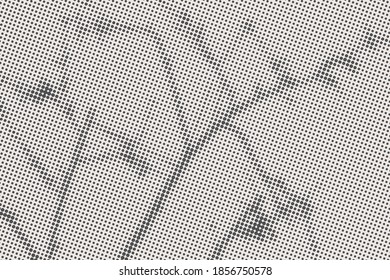 los árboles se ramifican y las hojas están sombreadas en una pared de hormigón blanco. Fondo de puntos. Fondo Vintage de semitono. Textura de degradado de arte pop. Patrón blanco y negro angustiado. Ilustración del vector