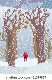 Trees with branches - hands which catch snowflakes, and the boy standing under them