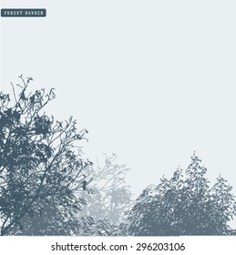 Trees and branches silhouette in aqua. Detailed vector illustration. Forest banner.