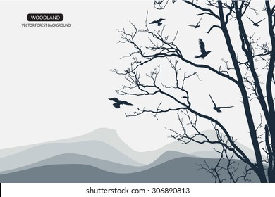 Trees and branches silhouette in aqua. Detailed vector illustration. Forest banner.