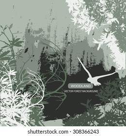 Trees and branches silhouette in aqua. Detailed vector illustration. Forest banner.