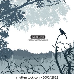 Trees and branches silhouette in aqua. Detailed vector illustration. Forest banner.