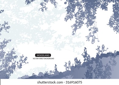 Trees and branches silhouette in aqua. Detailed vector illustration. Forest banner.