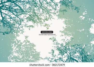 Trees and branches silhouette in aqua. Detailed vector illustration. Forest banner.