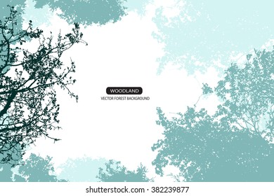 Trees and branches silhouette in aqua. Detailed vector illustration. Forest banner.