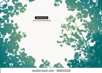 Trees and branches silhouette in aqua. Detailed vector illustration. Forest banner.