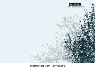 Trees and branches silhouette in aqua. Detailed vector illustration. Forest banner.