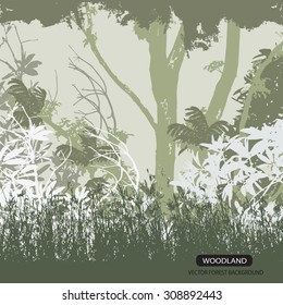 Trees and branches silhouette in olive green. Detailed vector illustration. Forest banner. detailed brush vector.