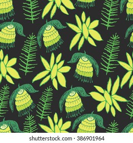Trees and branches.Floral Seamless  pattern with green flowers.