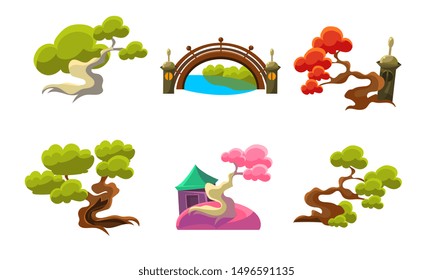 Trees and Bridge Set, Fantasy or Fairytale Nature Landscape Elements, Game User Interface Assets Vector Illustration