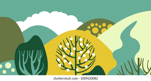 Trees broadleaf in a flat style. Spring forest with hills. Preservation of the environment, forests. Park, outdoor. Vector illustration.