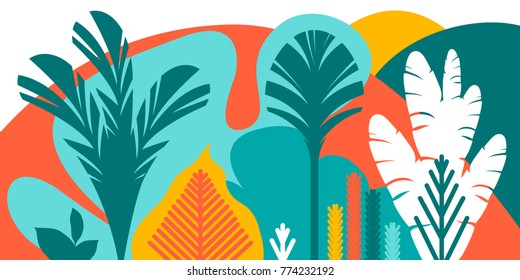 Trees are broad-leaved tropical, ferns. Flat style. Preservation of the environment, forests. Park, outdoor. Vector illustration.