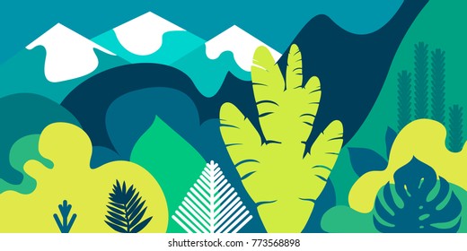 Trees are broad-leaved tropical, ferns. Mountain landscape. Flat style. Preservation of the environment, forests. Park, outdoor. Vector illustration.