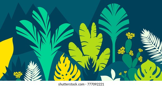 Trees are broad-leaved tropical, ferns. Mountain landscape. Flat style. Preservation of the environment, forests. Park, outdoor. Vector illustration.