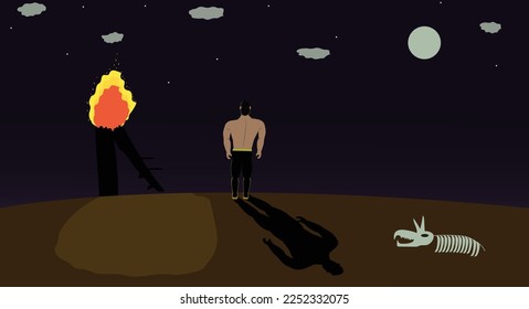 The Trees Are Burning Night Scene A Man Is Standing With His Back Turned skeleton lying on the ground the sky is cloudy and the moon is out vector illustration