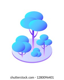 Trees and bush with branches on circle area isolated icon vector. Green zone of town, smart city with ecologically useful vegetation and plantation