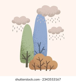 Trees, bush and clouds with rain in a naive children's style. Autumn colored illustration. Clipart for the design of greeting cards, invitations, prints, stickers and patterns.