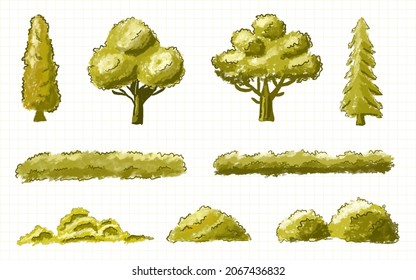 Trees and bush collection in hand painted watercolor style