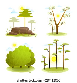 Trees and bush forest landscape backgrounds collection. Green summer baby landscape cartoon design backdrop illustration watercolor style set. Vector illustration.