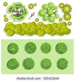 Bäume und Busch-Element Draufsicht für Landschaftsgestaltung, Vektorsymbol