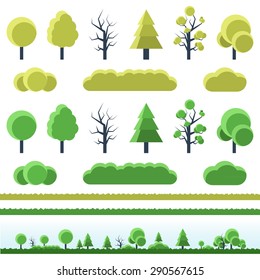 Trees bush park forest geometric colorful nature set. collection isolated 