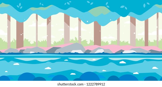 Trees and bushes along the road, grounds with stones, nature game background in simple colors and flat style, tileable horizontally