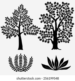 Trees and Bushes. Black tree silhouette - Vector illustration